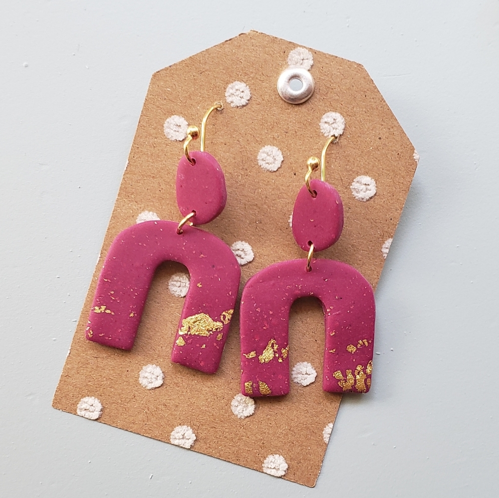 Pink and Gold Polymer Clay Arch Earrings